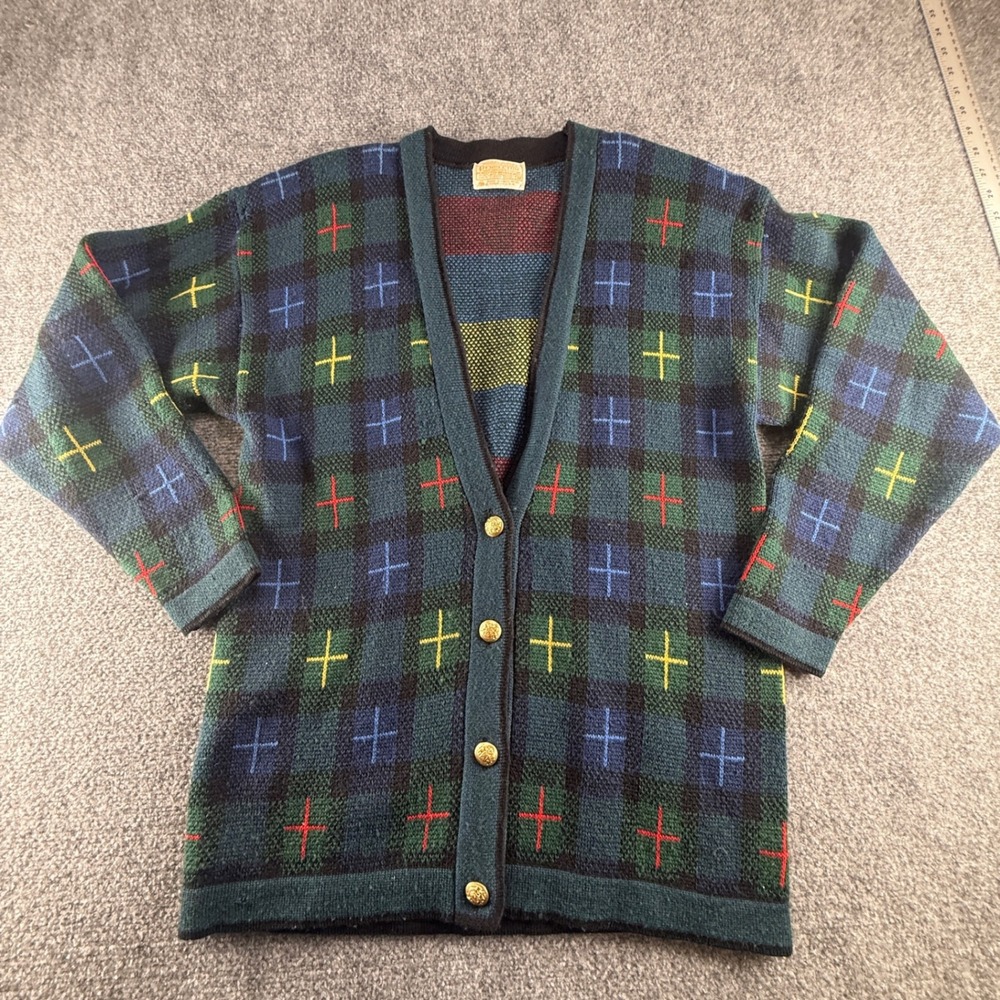 Vintage Pendleton Wool Cardigan Plaid Cross Embroidery Gold Crest Buttons M USA